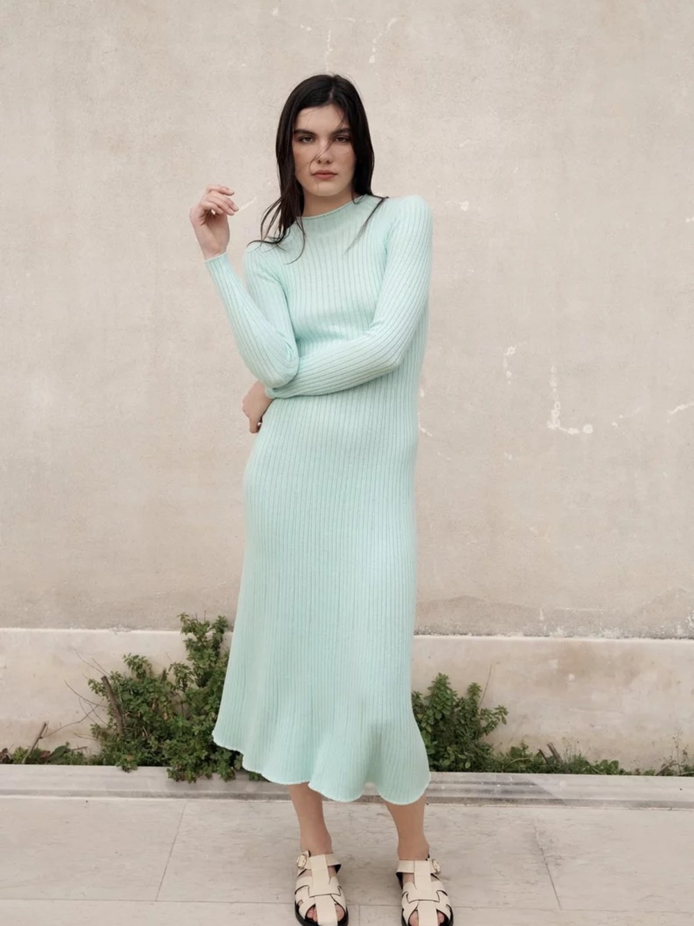 Zara Mint Ribbed Long-Sleeve Knit Dress size S
